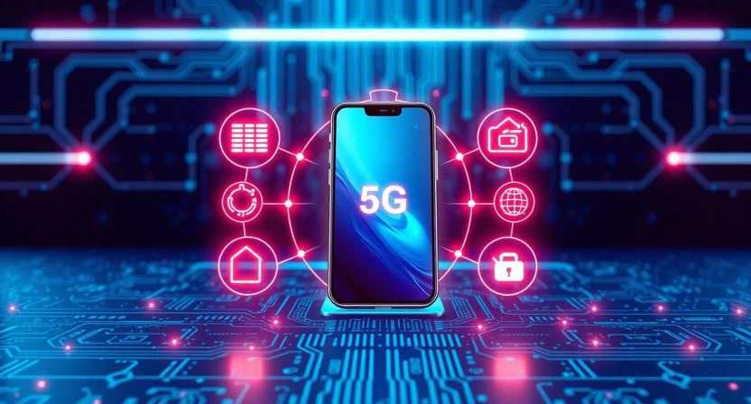 Technology in phones concept showing a modern smartphone with AI, 5G, and digital connectivity icons